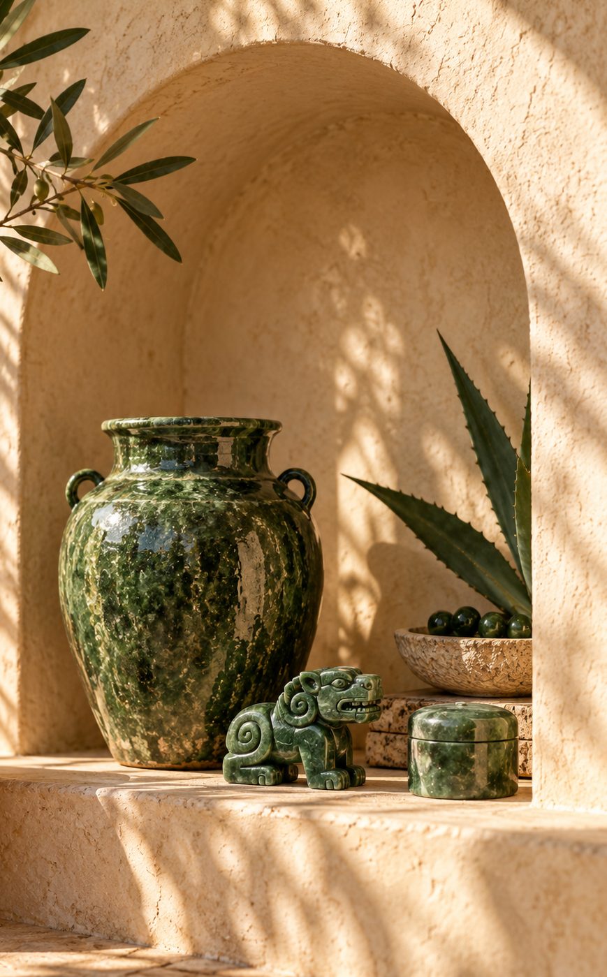 Jade glazed clay pots in a plaster niche